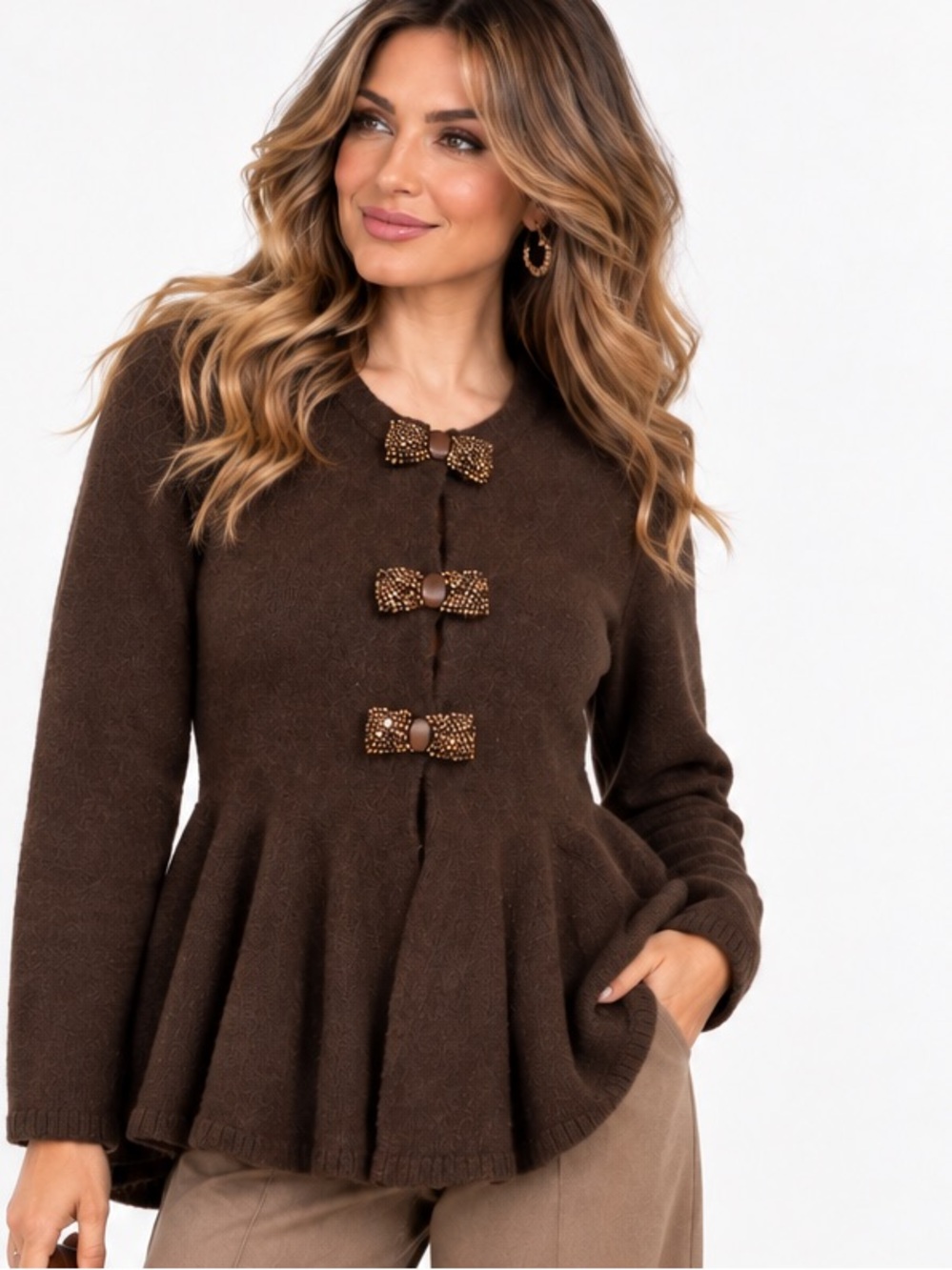 048.New Brown Peplum Knit Top with stones Bows